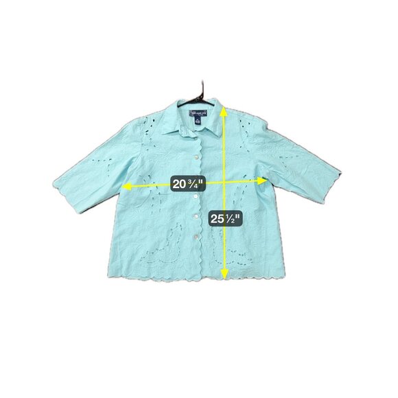 Susan Graver Style Floral Embroidered Button Front Shirt Blue Sz XL Cutout Boho - Picture 6 of 9